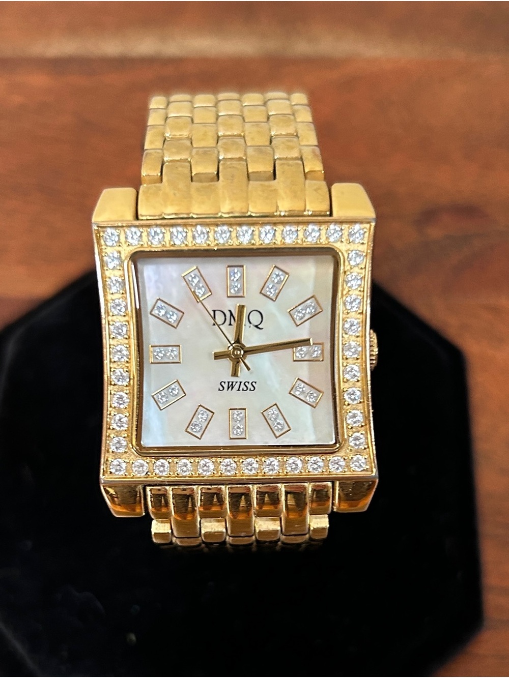 DMQ Ladies Gold Tone CZ Watch Swiss Movement Square Face